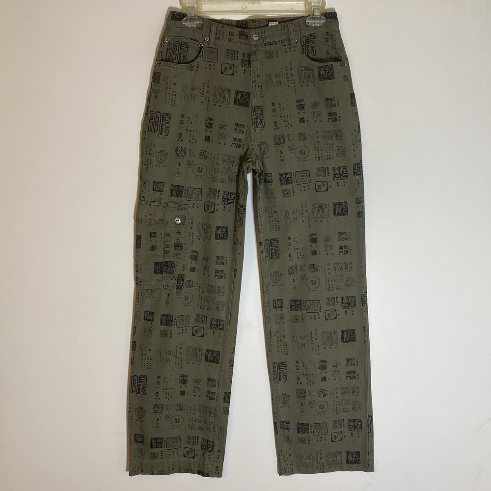 Vintage Chicos Design Pants Womens 0 Small Green Cargo Chinese Calligraphy Boho